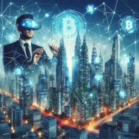 a man in a suit is holding a bitcoin in front of a city