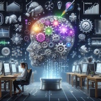 a woman working at a computer with gears in her head