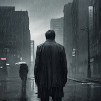 a man walking down a city street in the rain with an umbrella