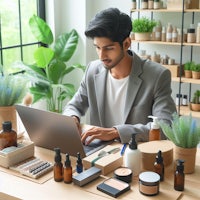 a man working on a laptop in a beauty shop