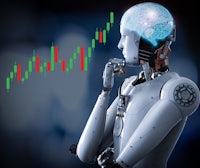 a robot is looking at a stock chart