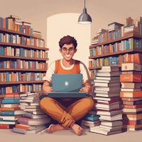 a young man sitting in front of a pile of books