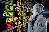 a robot is standing in front of a stock board