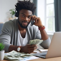 a black man sitting at a desk with money and a laptop