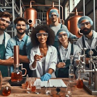 a group of laboratory workers posing for a photo