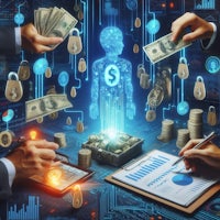 a group of people holding money in front of a computer screen