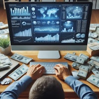 a man working on a computer with a lot of money on the screen