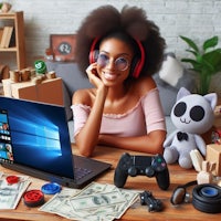 a woman is sitting at a desk with a laptop and toys