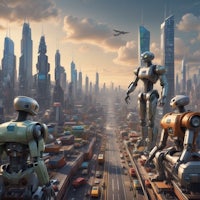 two robots standing on top of a city