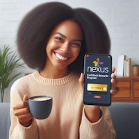 a woman holding up a phone with the nexus app on it