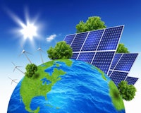 the earth with solar panels, trees and wind turbines