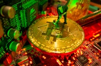 a person is standing on top of a bitcoin on a computer board